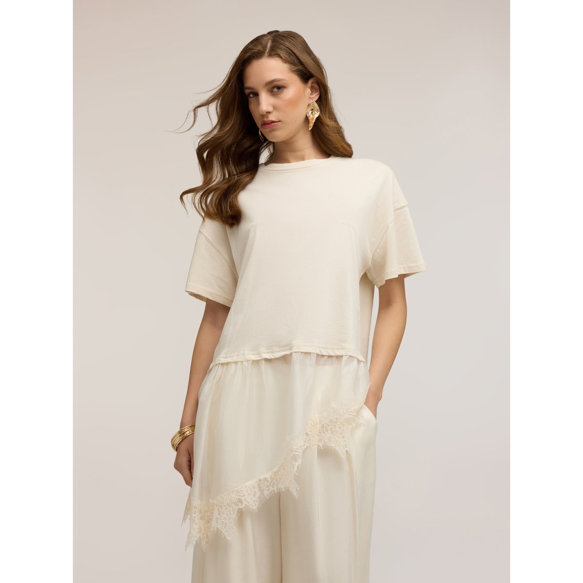 T-shirt avec insert en dentelle blanc, MOTIVI