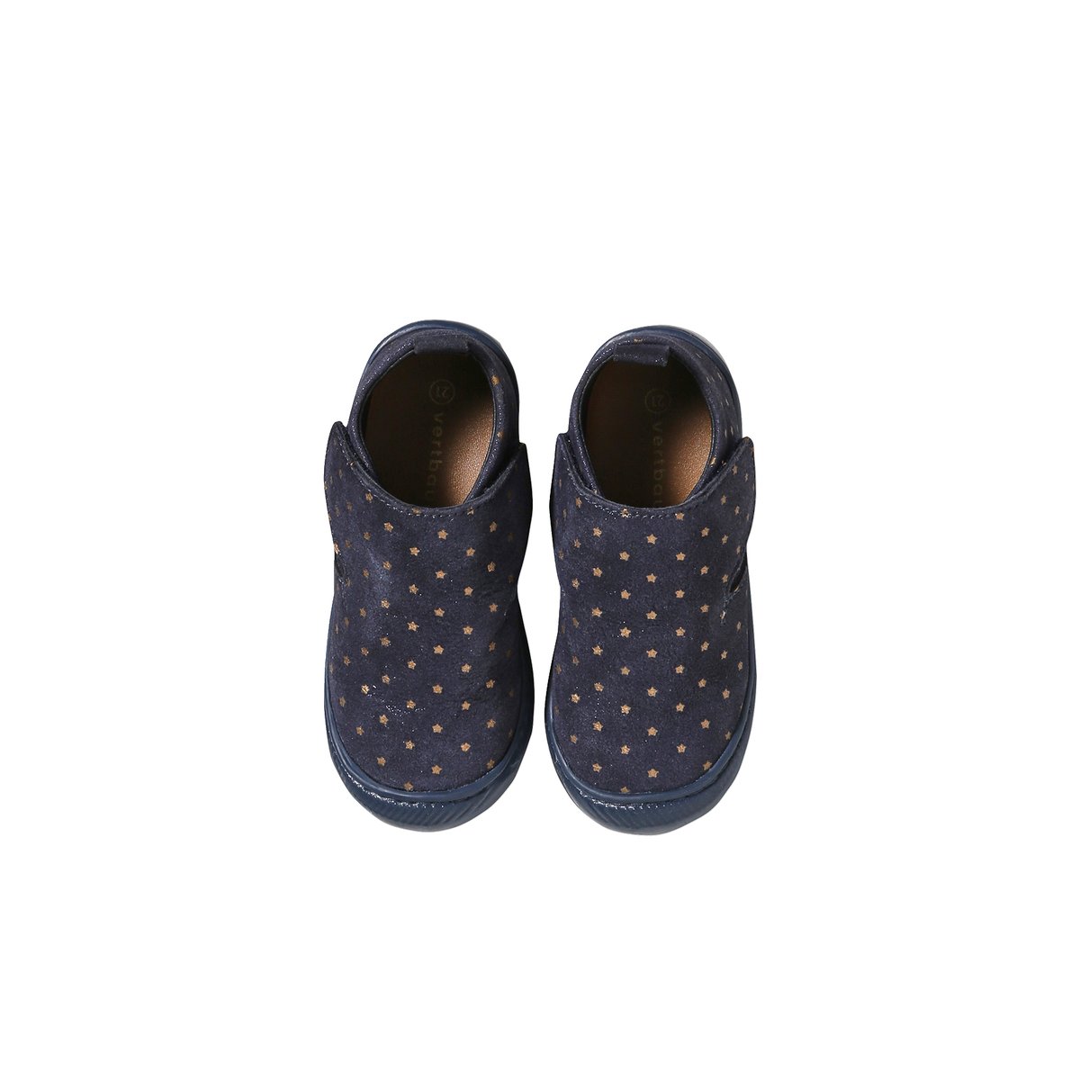 Chaussons scratchés bébé en cuir souple bleu imprimé, VERTBAUDET