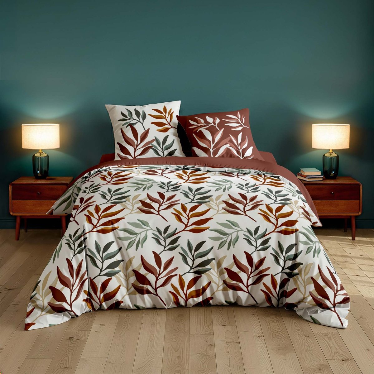 Parure de lit 3 pièces 100 % coton imprimé à motif végétal housse + taies rouge, DOUCEUR D'INTÉRIEUR