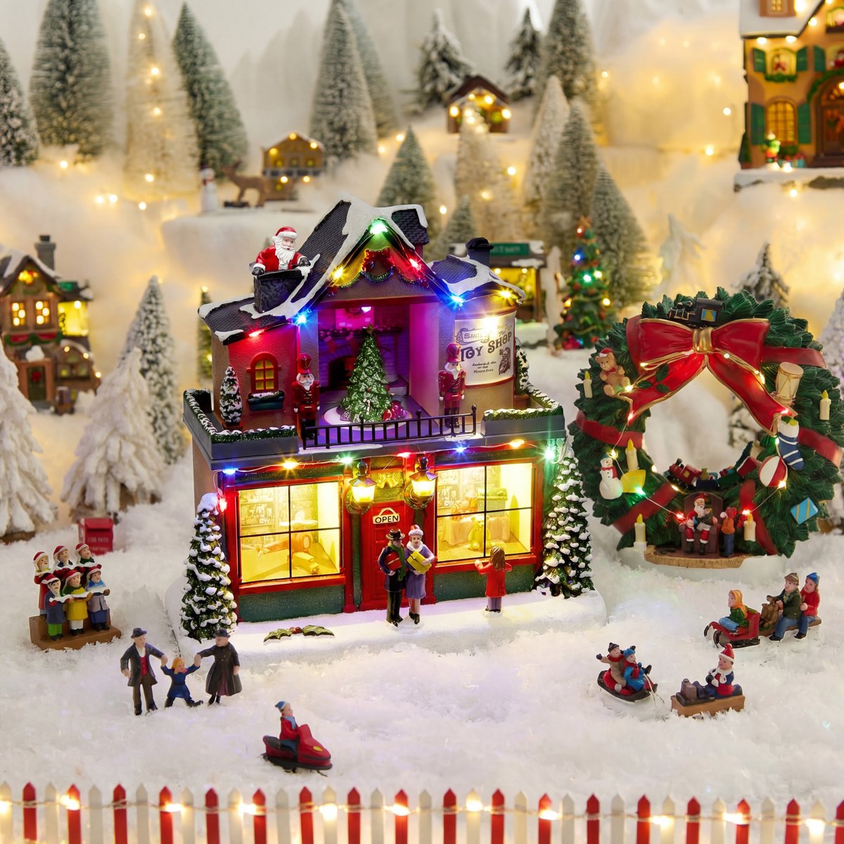 Village de Noël lumineux boutique de cadeaux animé et musical 21 LED à piles multicolore, FEERIC LIGHTS & CHRISTMAS