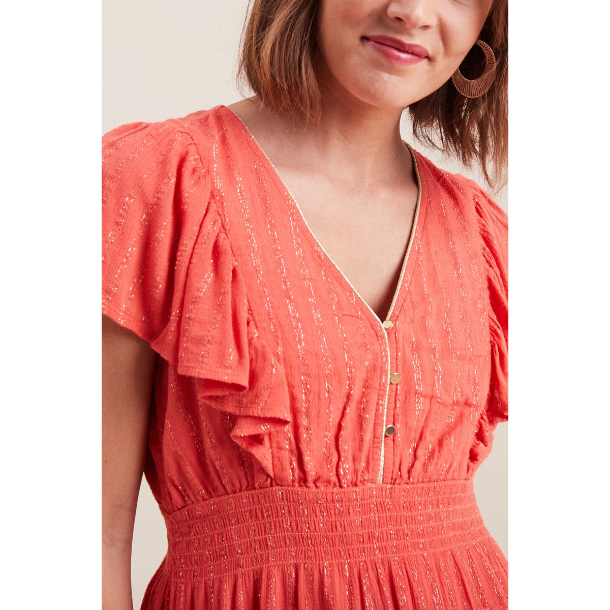 Robe droite fluide smockée orange clair, BREAL