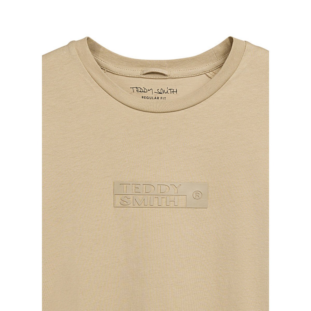 T-shirt en coton beige uni avec le nom de la marque à la poitrine et à col rond beige, TEDDY SMITH