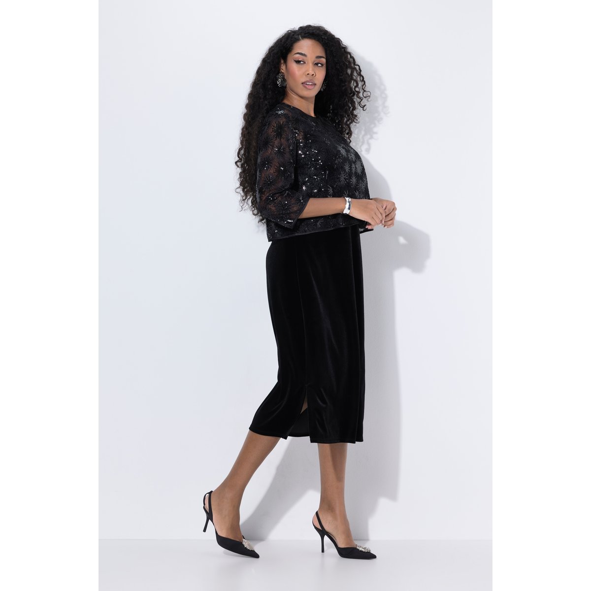 Robe de cocktail à paillettes, longueur midi noir, ULLA POPKEN