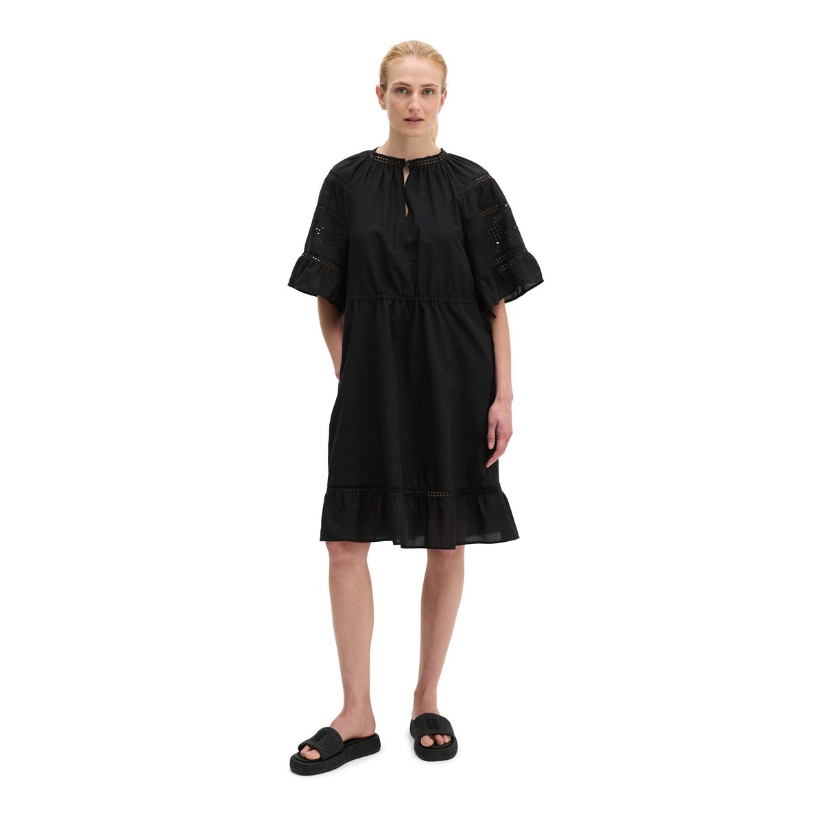 Robe boho de style folklorique loose en voile de coton brodé noir, MARC O'POLO