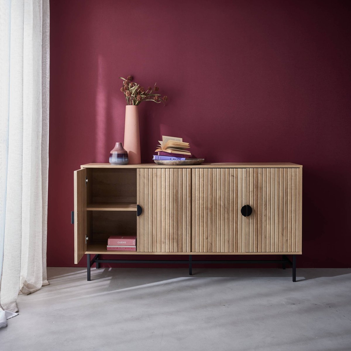 Buffet décor bois rainuré 4 portes 157,5cm BAZALT bois foncé, SWEEEK