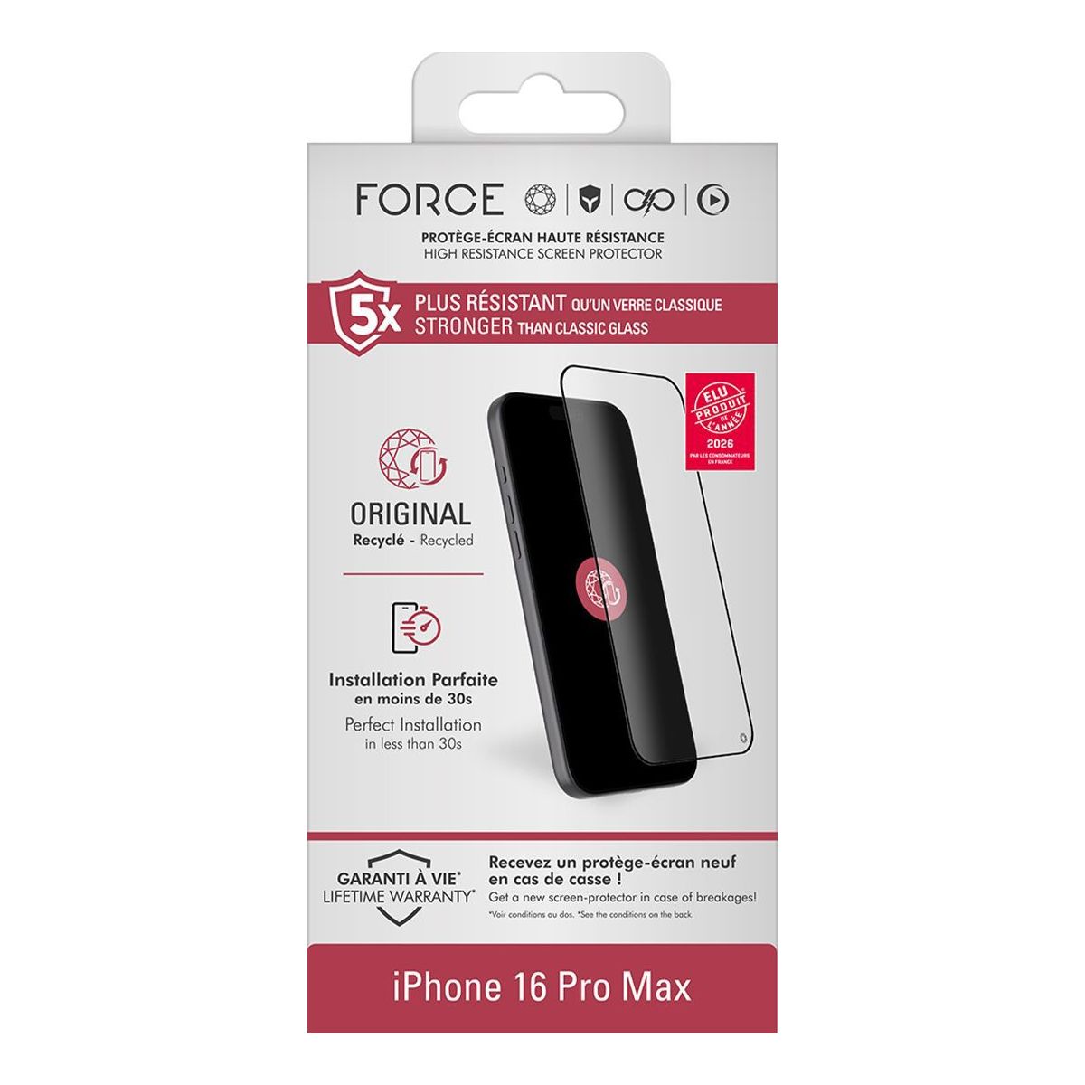 Protège écran iPhone 16 Pro Max couleur unique, FORCE GLASS