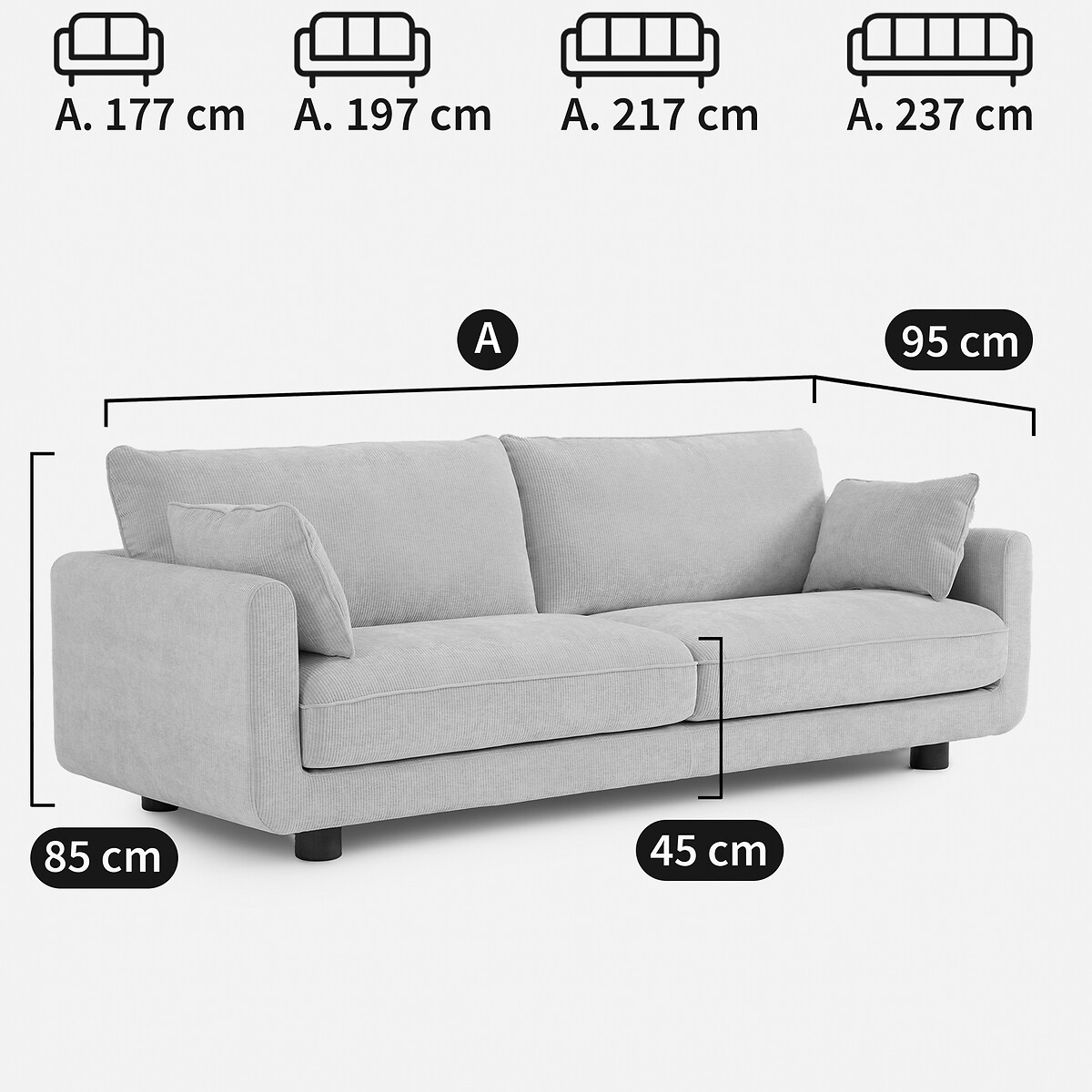 Canapé droit 2, 3, 4 ou 5 places, en velours côtelé gaufré, EMILIO bleu paon, LA REDOUTE INTERIEURS