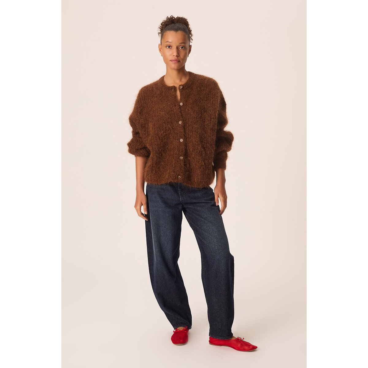 Strickjacke mit Rundhalsausschnitt aus Mohair-Mischgewebe, ALMA cognac, DES PETITS HAUTS