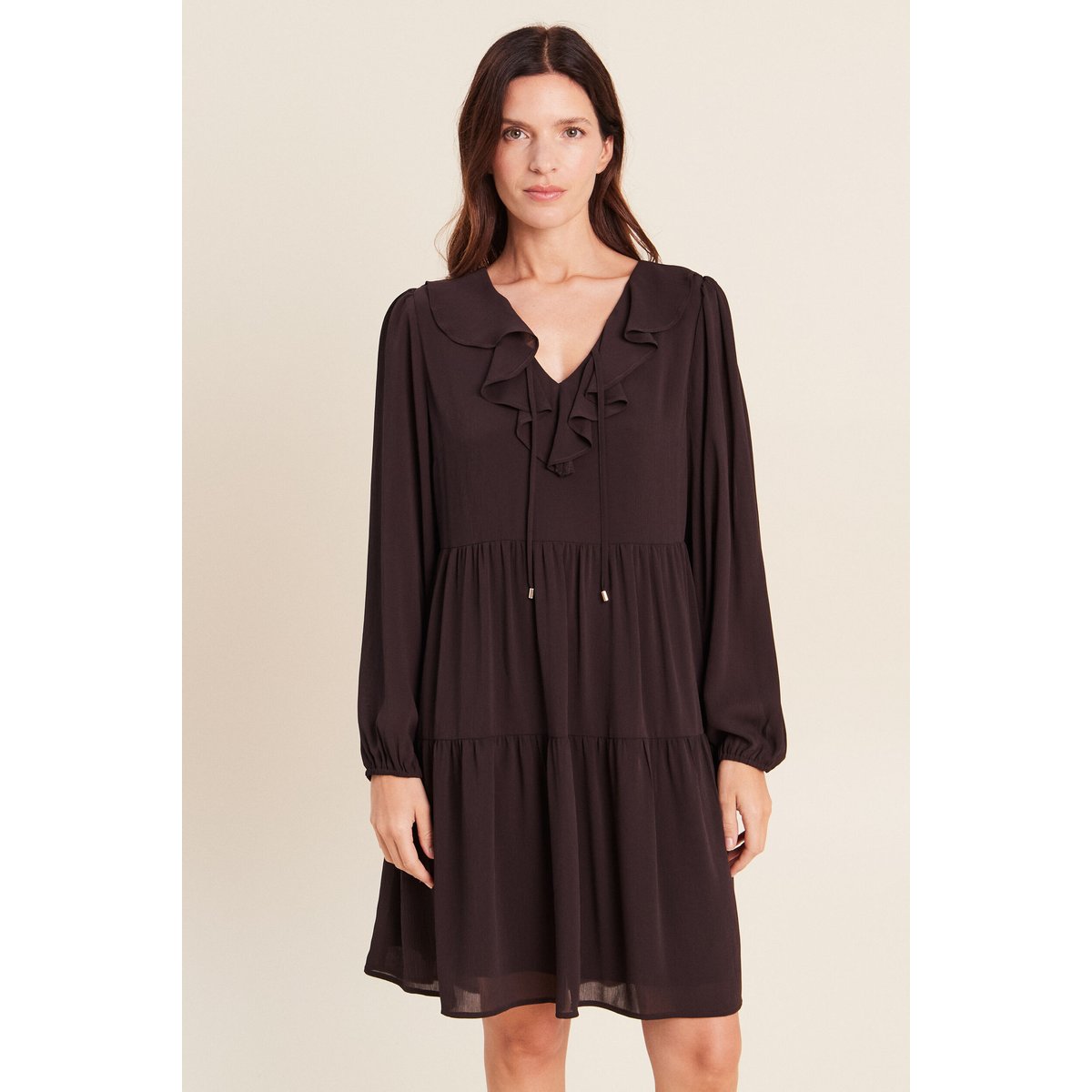Robe courte évasée col v manches longues marron foncé, BREAL