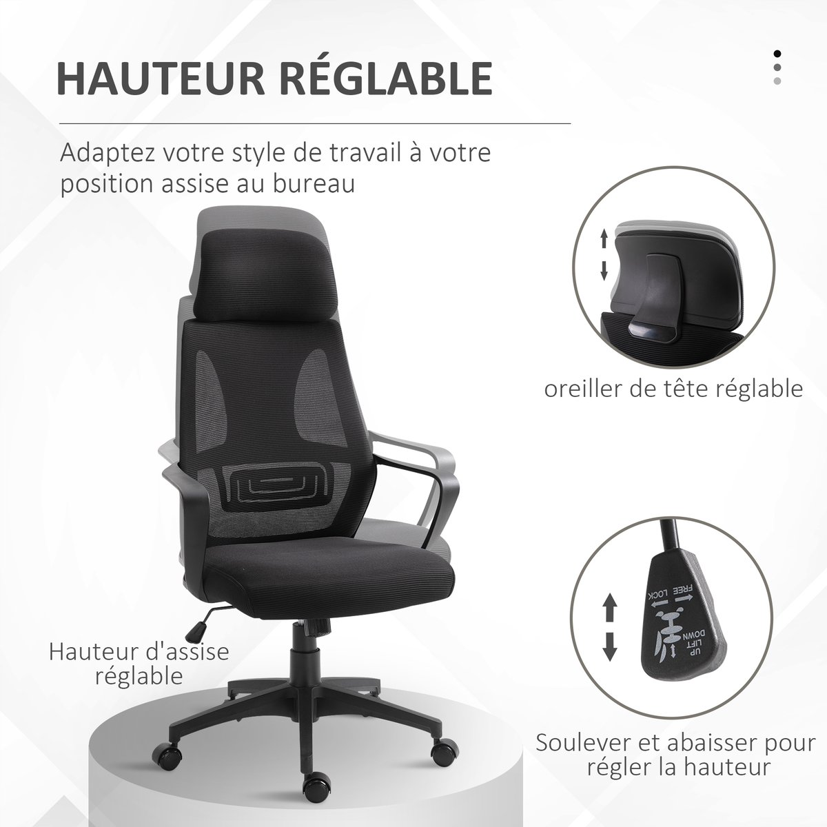 chaise de bureau Polyester Noir noir, HOMCOM