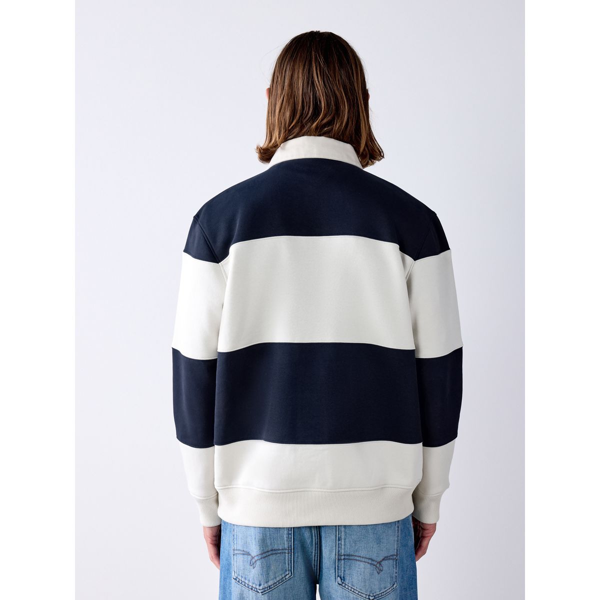 Sweat style rugby avec col polo rayures marine/bleu/écru, NEXT