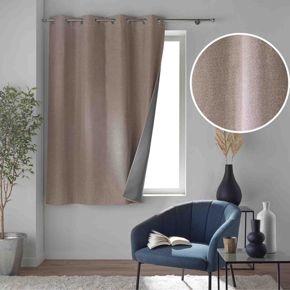 Rideau court occultant à œillets en chambray uni lin, DOUCEUR D'INTÉRIEUR
