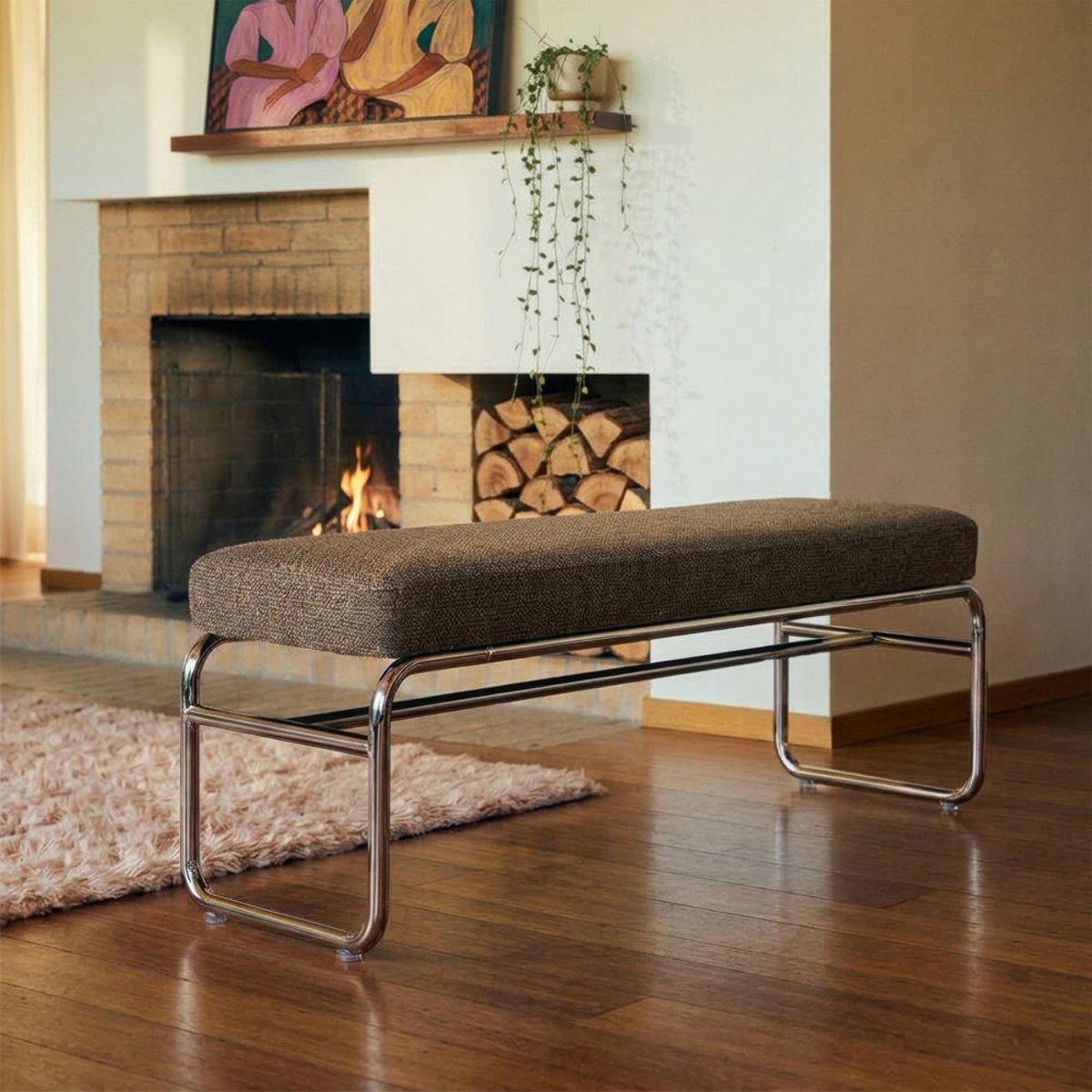 Banc en tissu pieds chrome L120cm- HENRI marron, DRAWER