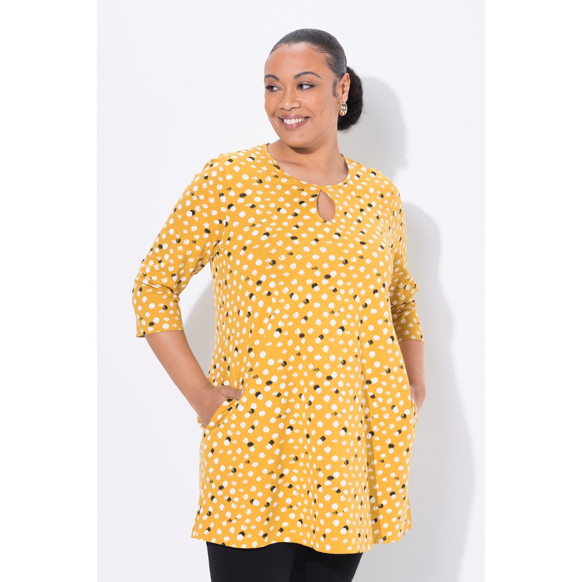 T-shirt long imprimé à pois moutarde, ULLA POPKEN