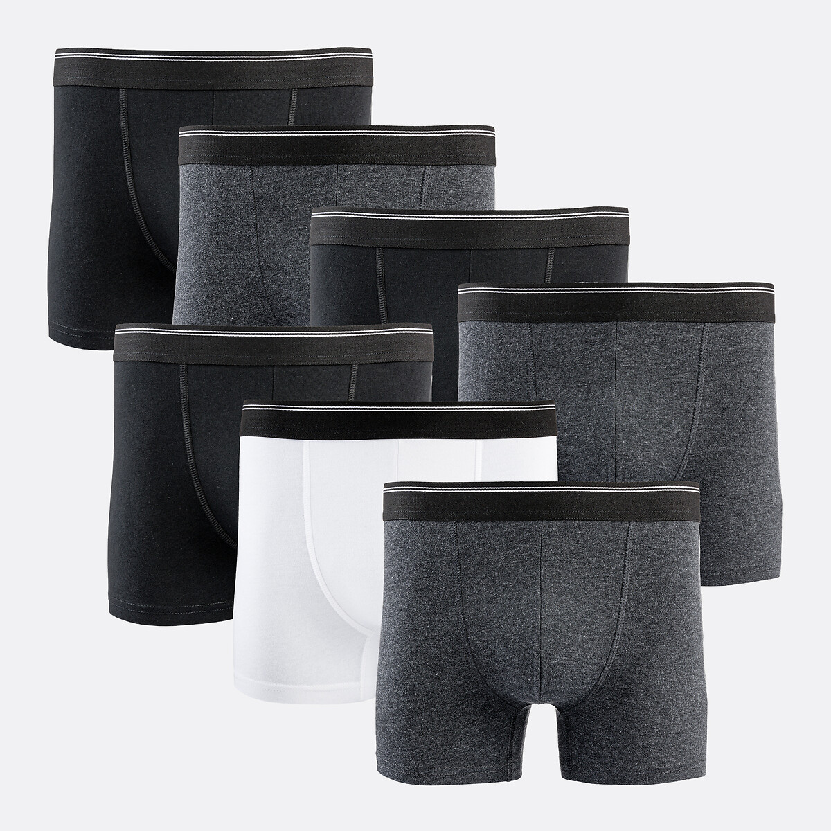 Lot de 7 boxers en coton stretch, 3 noirs, 3 gris chinés, 1 blanc noir/gris/blanc, LA REDOUTE COLLECTIONS