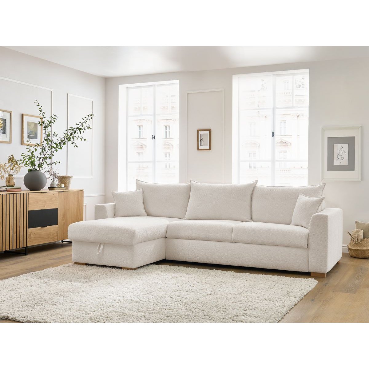 Canapé lit 3 places en tissu bouclette couchage 160x200 cm, AUGUSTIN blanc, BOBOCHIC