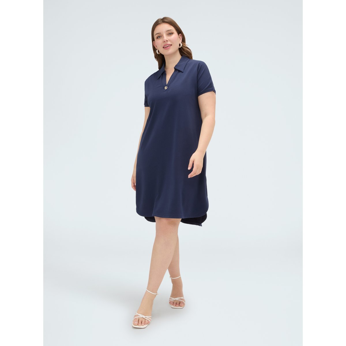 Robe avec col polo et bouton bijou bleu, FIORELLA RUBINO