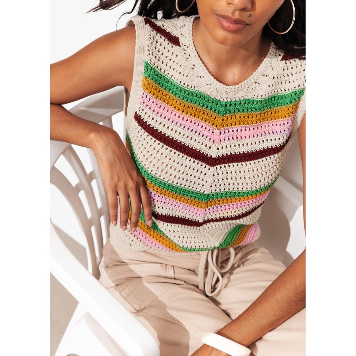 Pull sans manches en crochet rayé écru, PROMOD