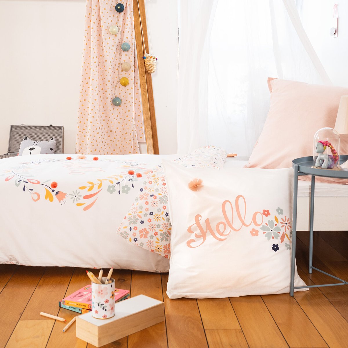 Parure de lit enfant coton, Hello rose, gris, blanc, C DESIGN HOME TEXTILE