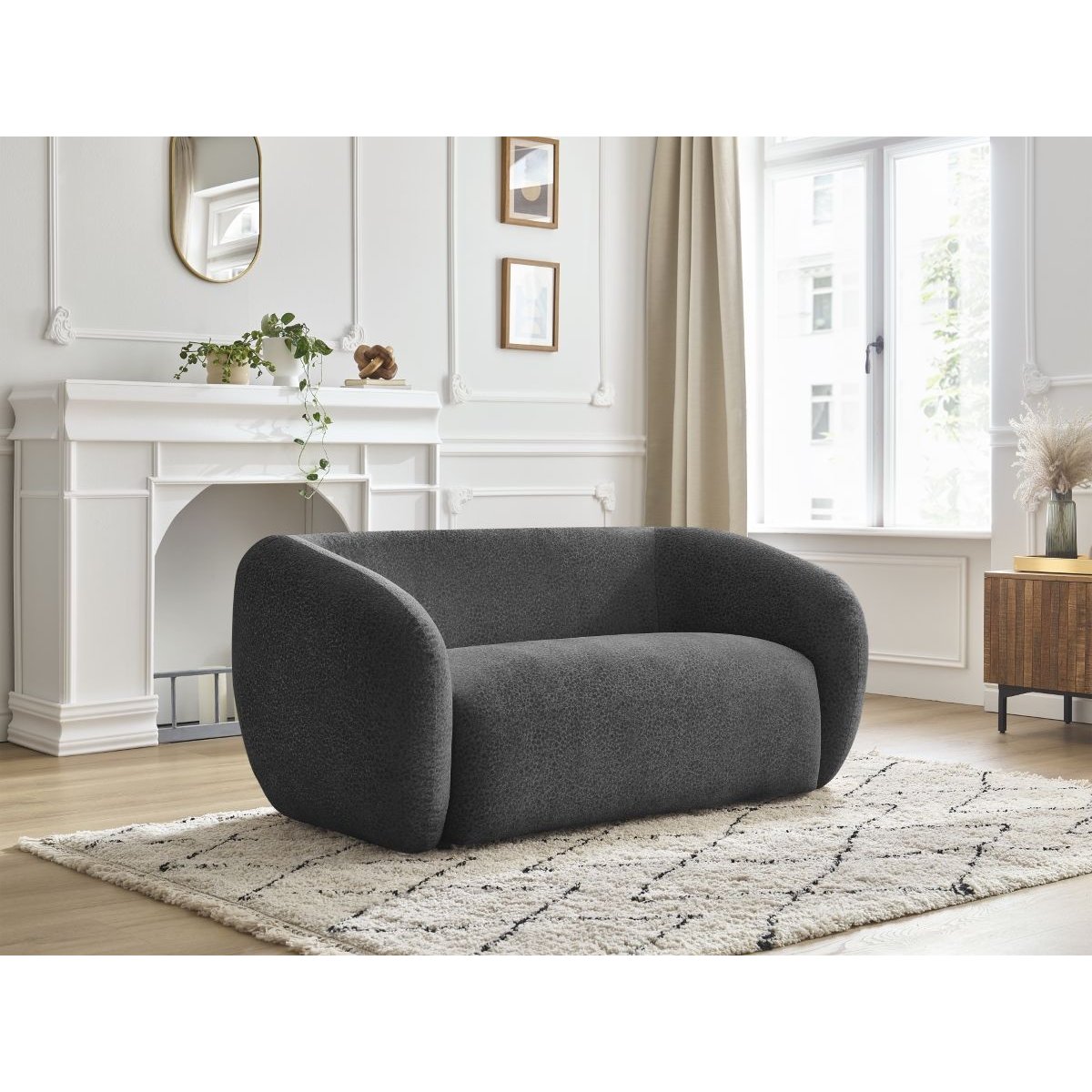 Canapé droit fixe 2 places en tissu texturé, CELINE gris foncé, BOBOCHIC