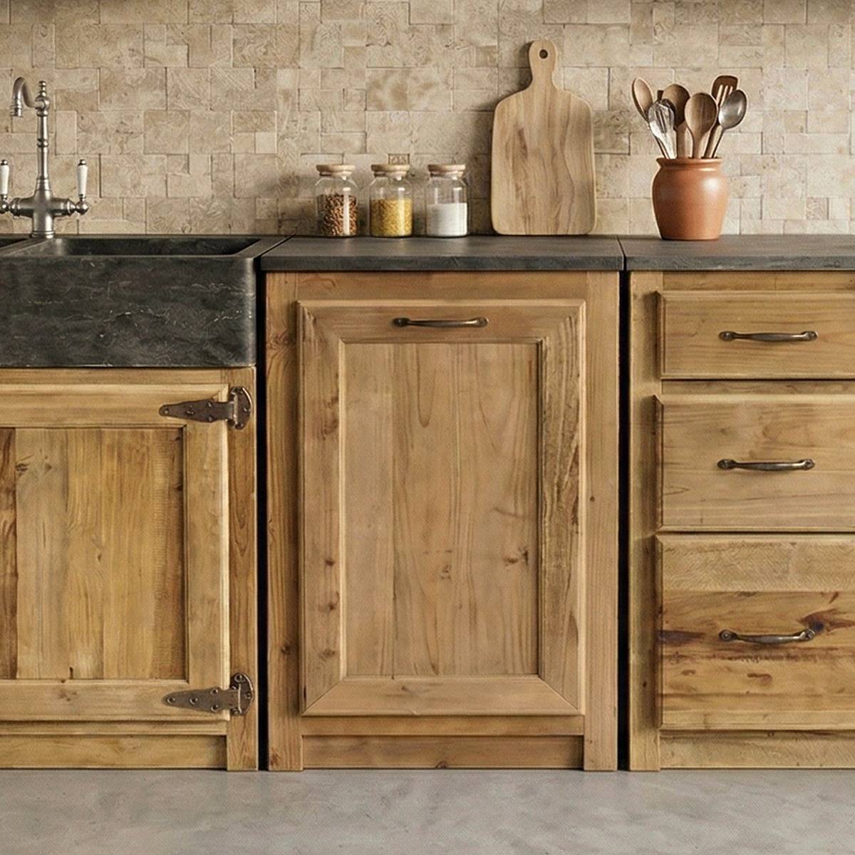 Meuble bas de cuisine en bois recyclé et pierre bleue CHAMPÊTRE bois clair, MADE IN MEUBLES