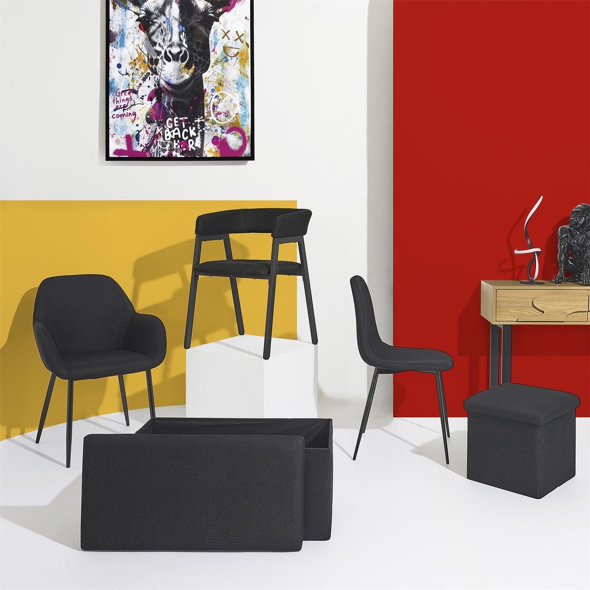 Lot de 4 chaises avec tissu texturé ATOME noir, TOILINUX