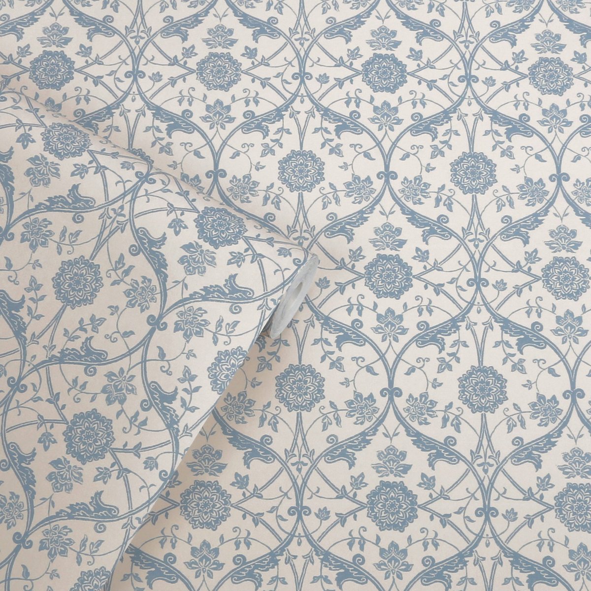 Papier peint damassé fleuri Endale bleu, crème, LAURA ASHLEY