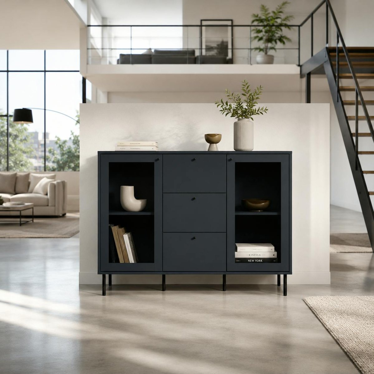 Buffet vitrine bleu sombre 2 portes 3 tiroirs RAVEN bleu, PIER IMPORT