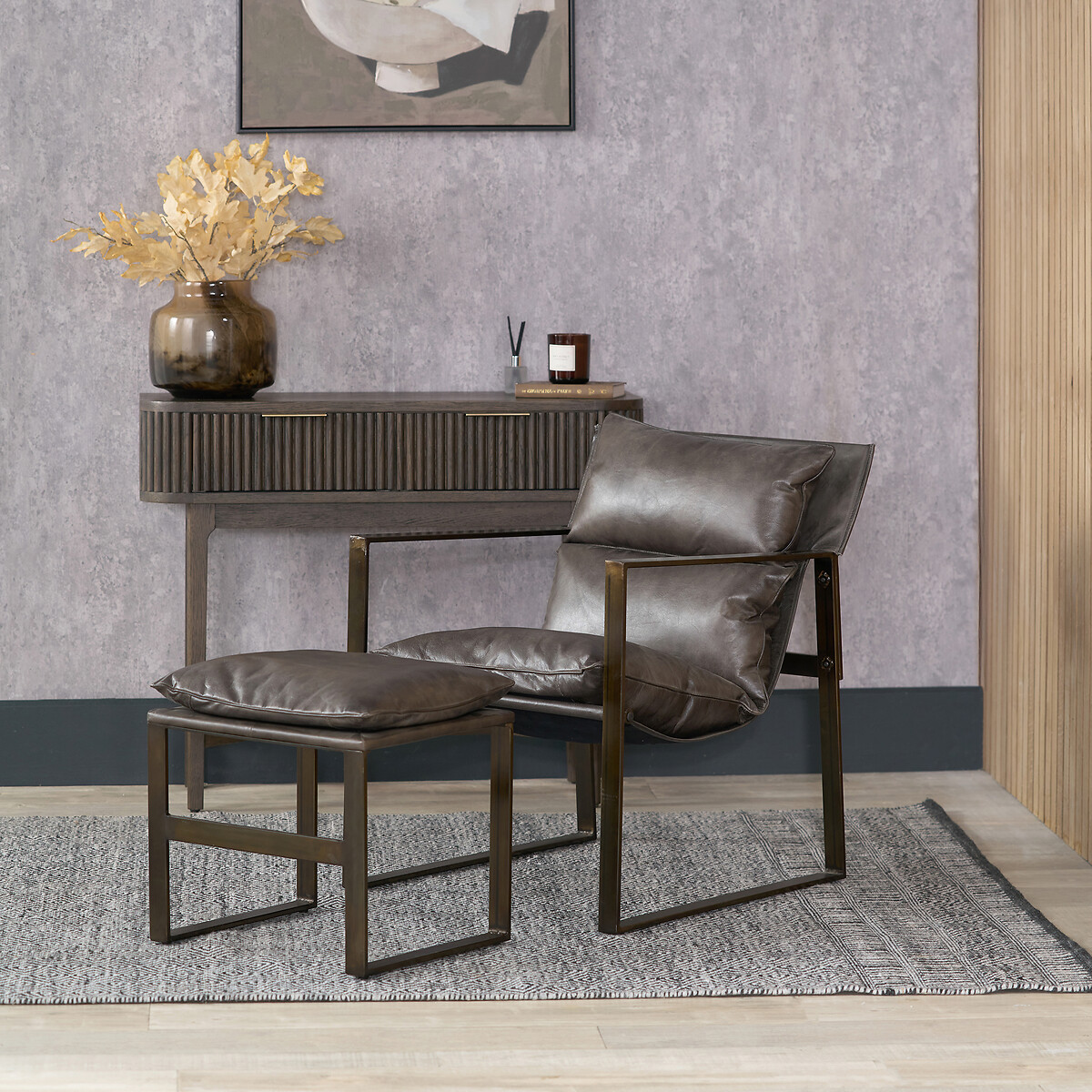 Noma Vintage Leather Accent Chair & Footstool charcoal grey, SO'HOME