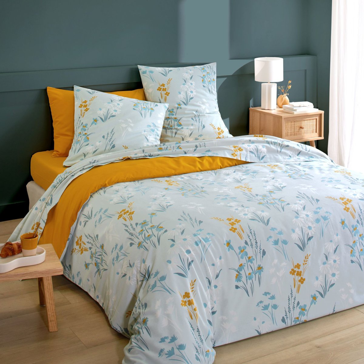 Parure de lit coton floral - MARGOT bleu, TERRE DE NUIT