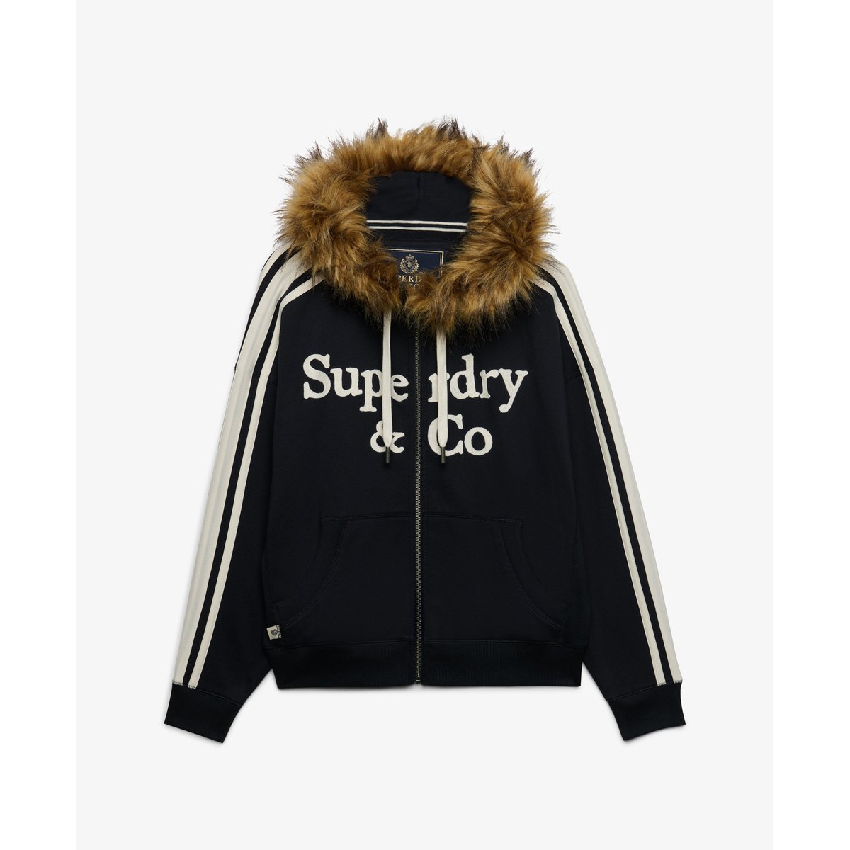 Sweat zippé à capuche Vintage Fur Applique coupe oversize bleu marine éclipse, SUPERDRY