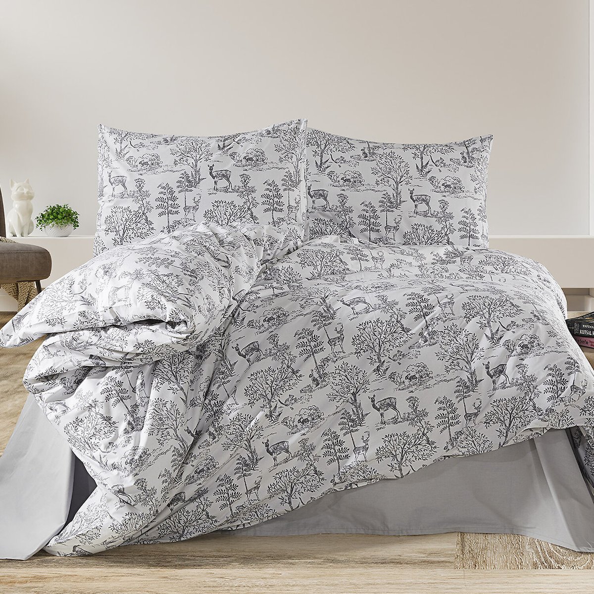 Paure de couette et tai(e) coton imprimé, florinda gris, C DESIGN HOME TEXTILE