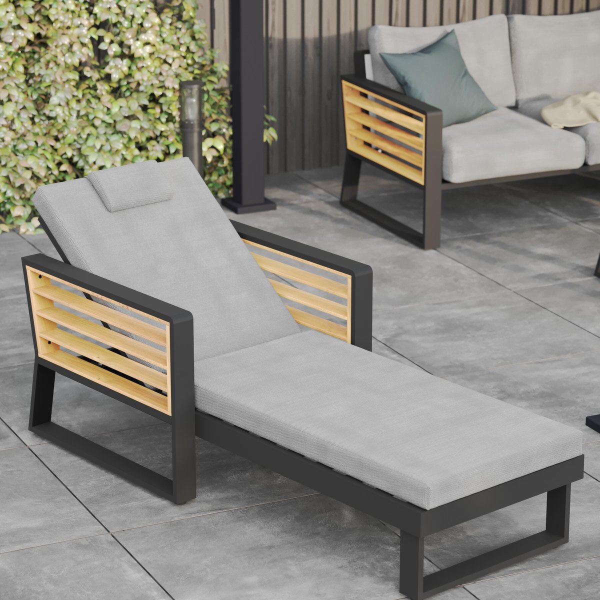 Bain de soleil en aluminium et teck, IONIS couleur unique, NATERIAL