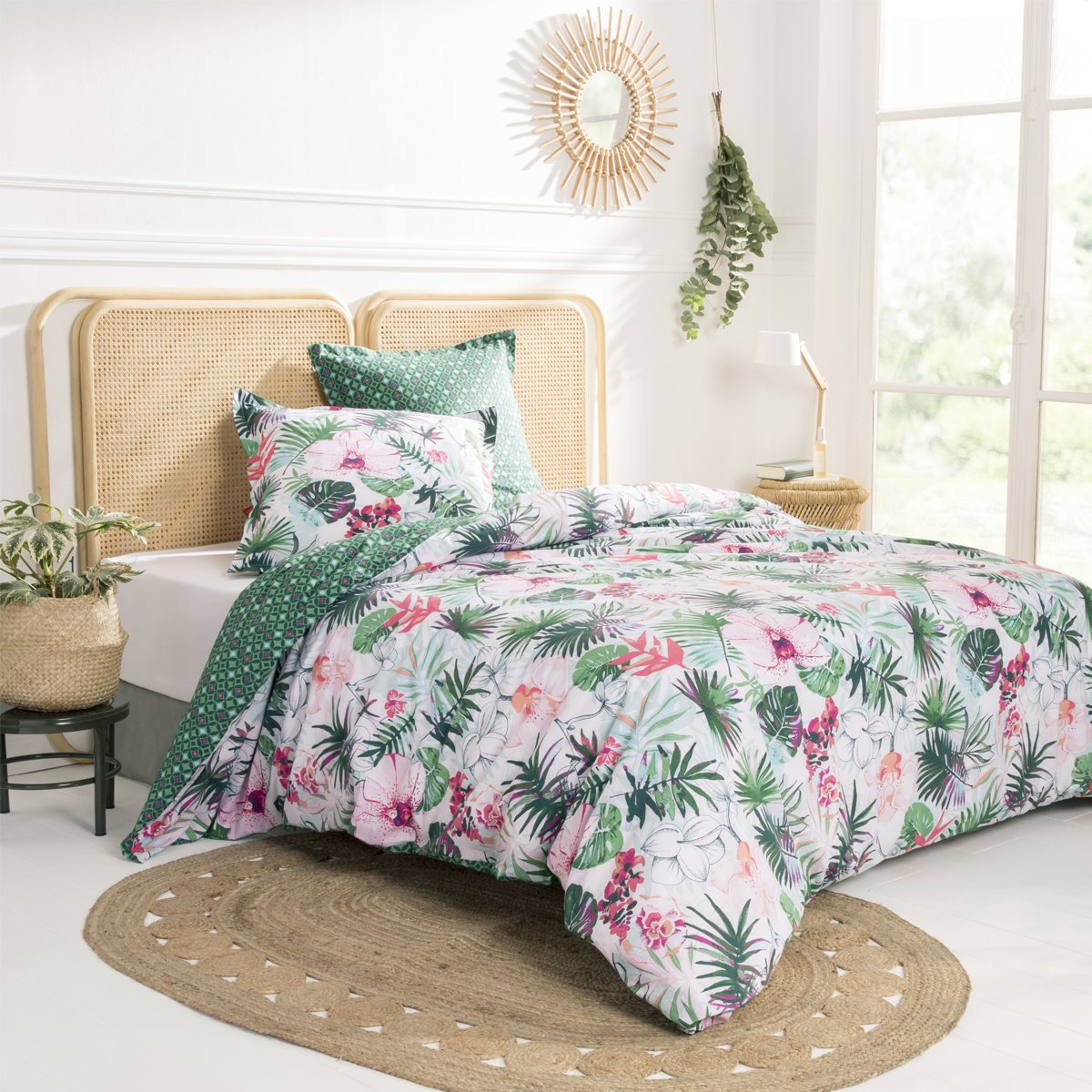 Parure de lit imprimée fantaisie en coton, TROPIC vert, COTONFLOR
