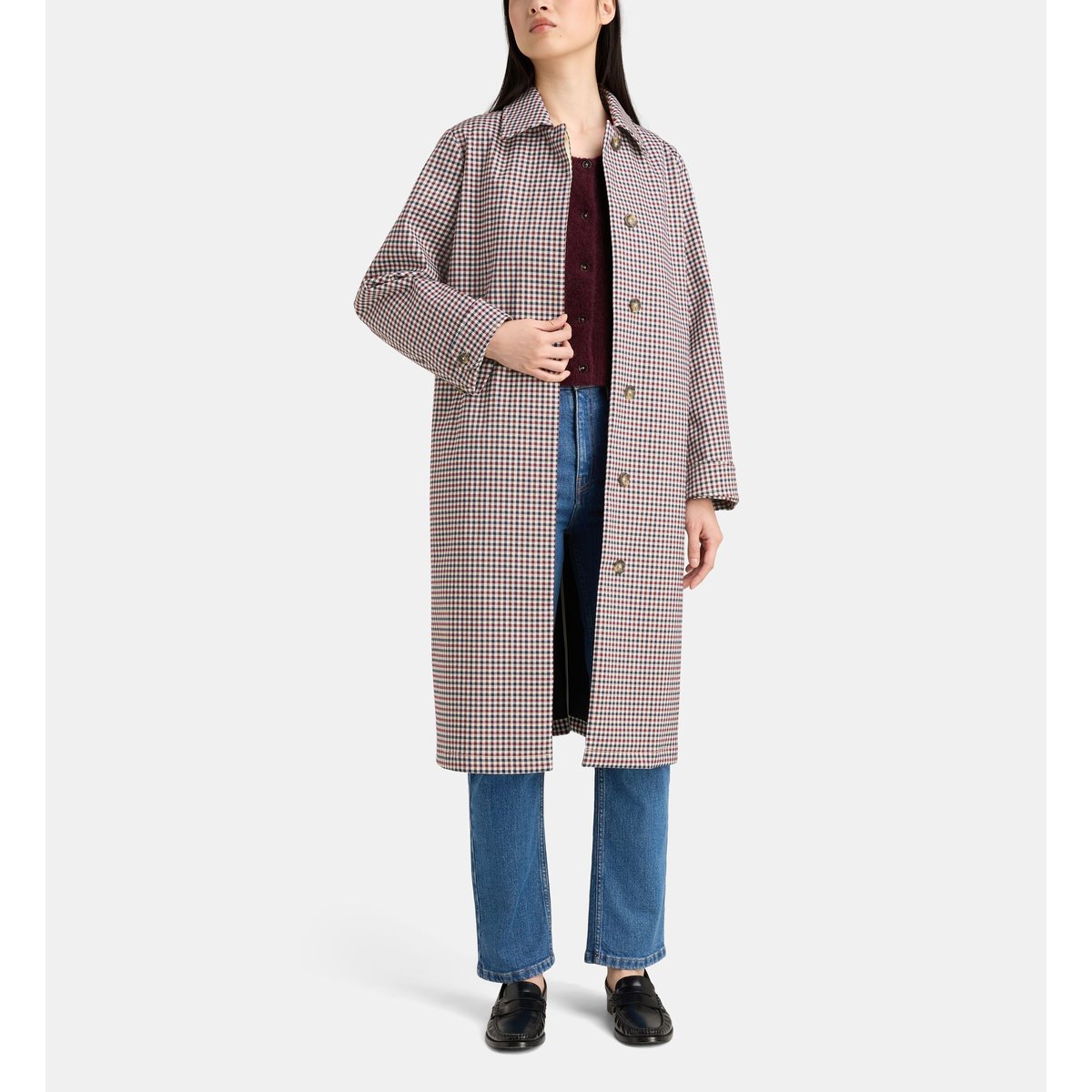 Imperméable long droit kikaro imprimé vichy bordeaux, JODHPUR
