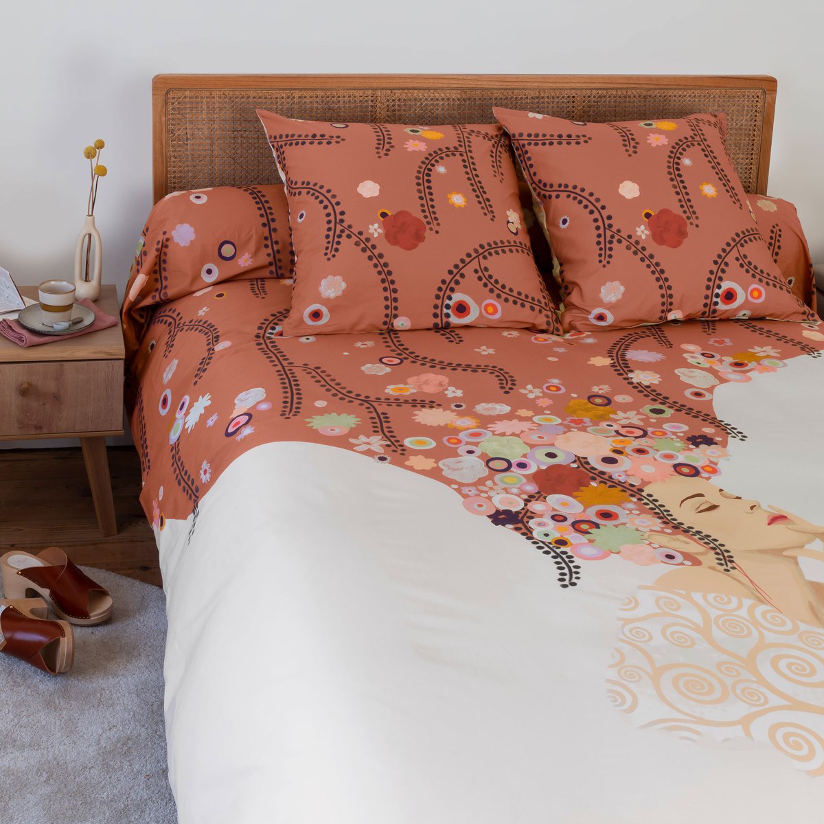 Housse de couette réversible percale de coton PSYCHE imprimé, CARRE BLANC
