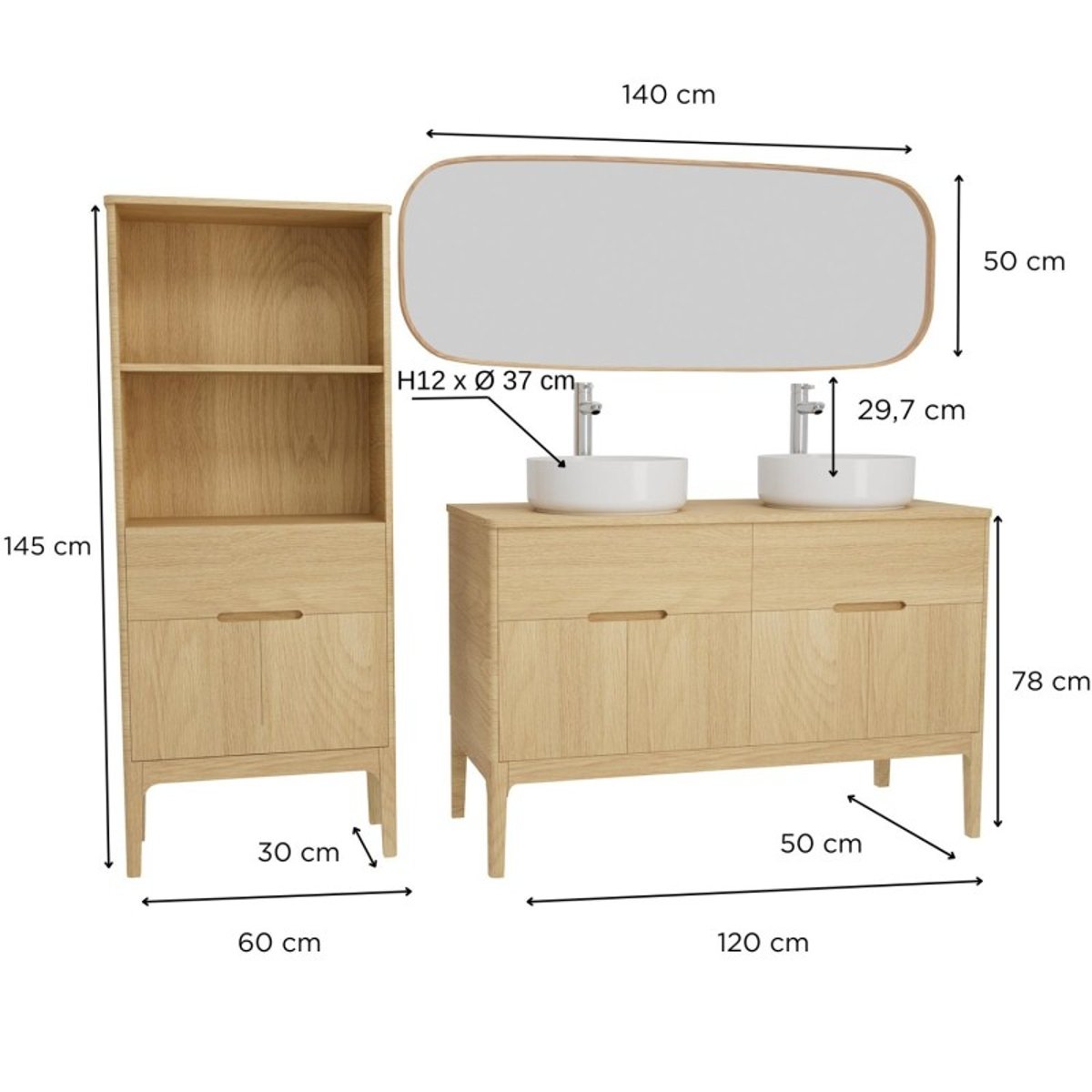 Ensemble meuble double vasque 120cm + vasque + robinet + miroir + colonne ALASKA chêne - mdf - mat, MOB IN