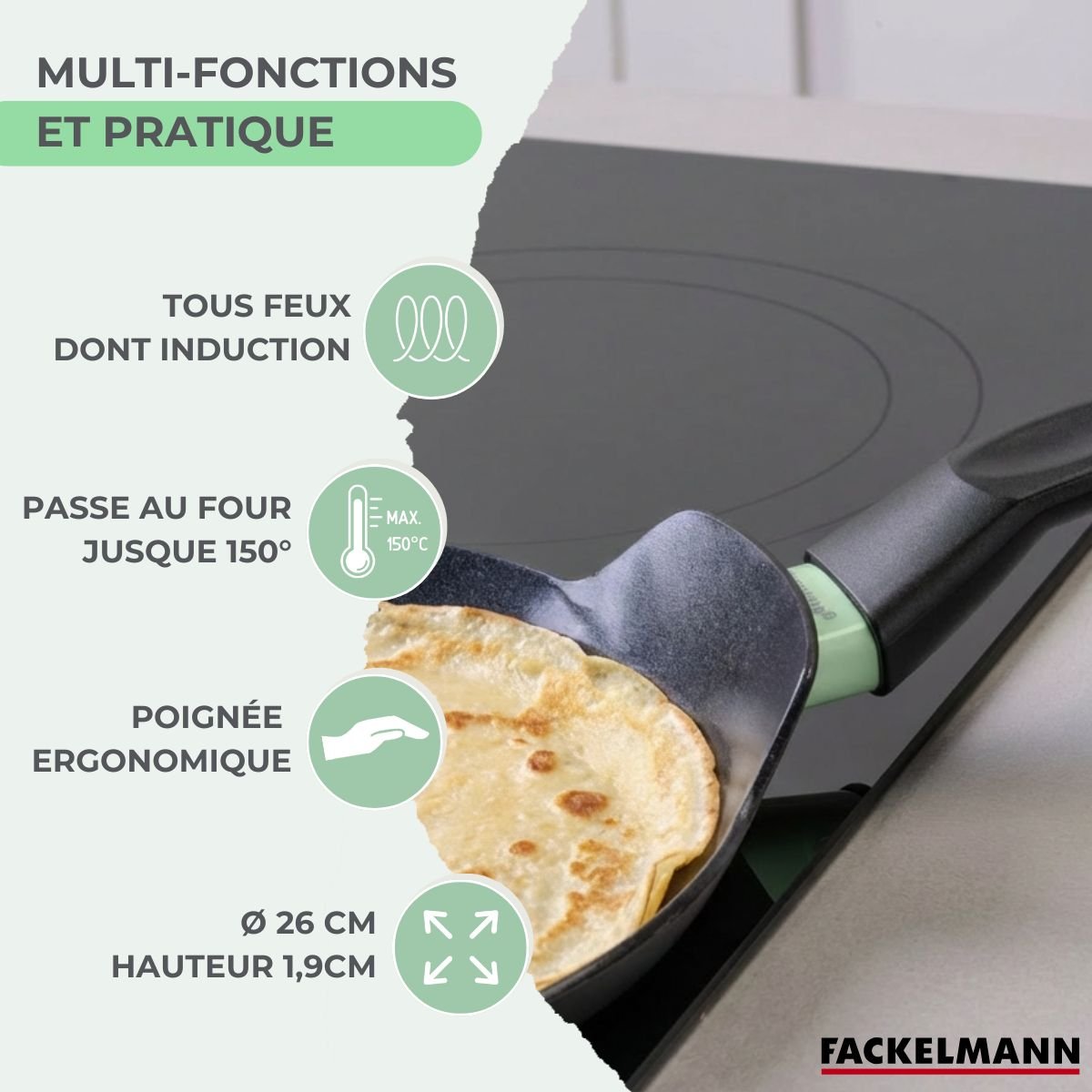 Set de 1 Poêle 26 cm avec 3 ustensiles de cuisine BRANDAO noir|vert, FACKELMANN