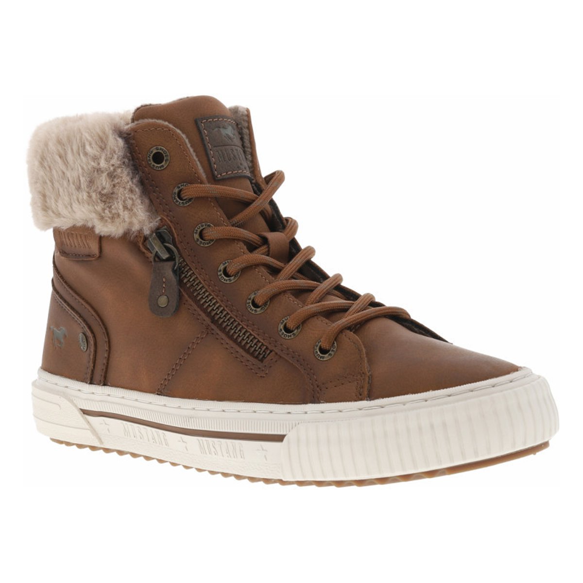 Tennis cognac à talon plat avec un zip latéral et des lacets ronds cognac, MUSTANG