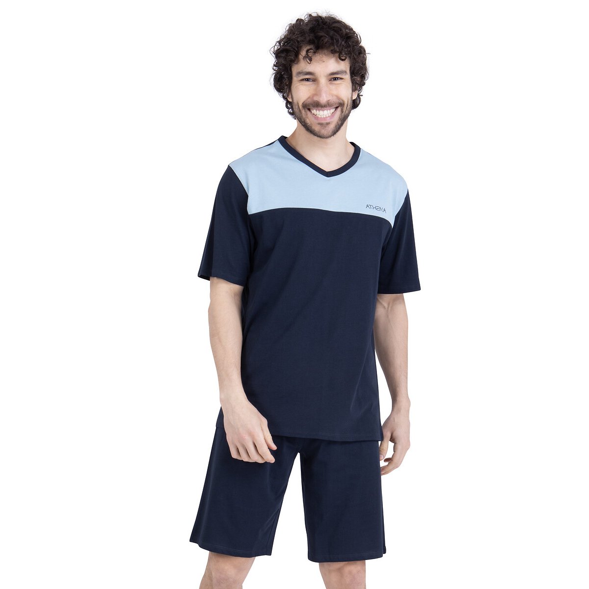 Pigiama corto in cotone, con collo a V blu/marine, ATHENA