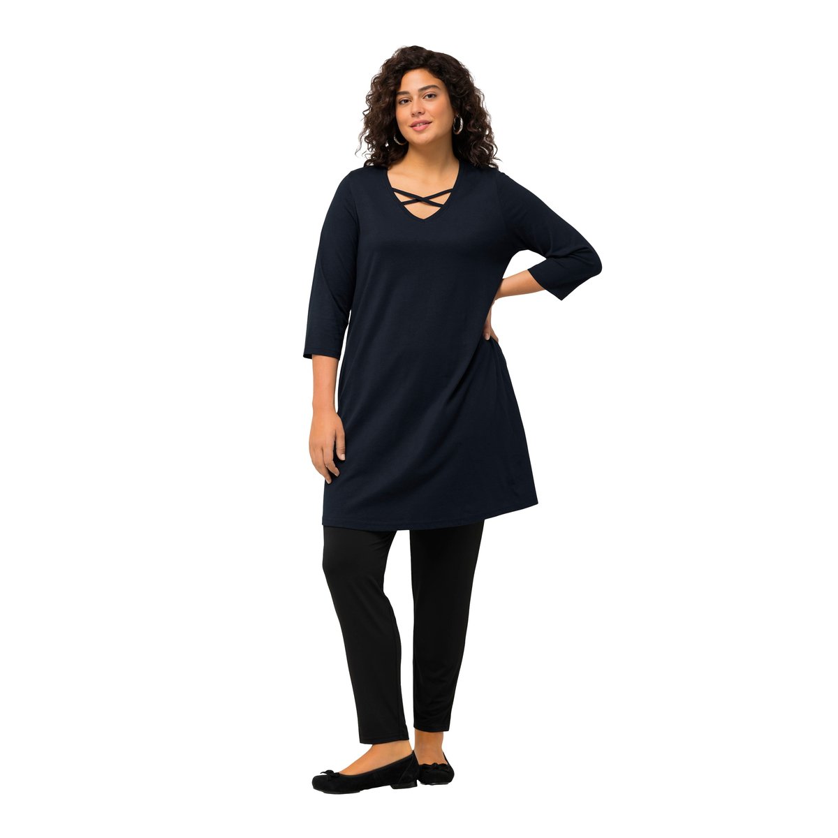 T-shirt long, coupe évasée. Manches 3/4 marine, ULLA POPKEN
