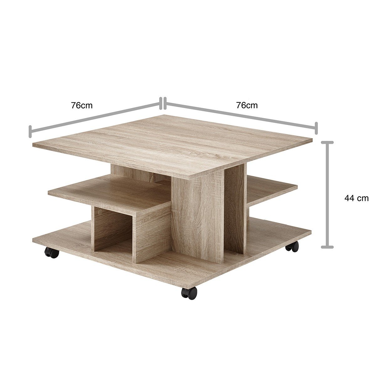 Table Basse sur Roulettes avec Niches de Rangement - 76 x 76 x H44 cm bois clair, CALICOSY