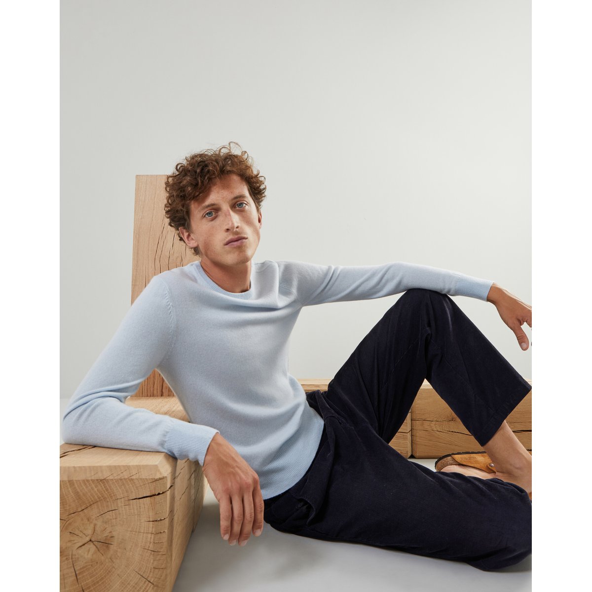 Pull homme col rond en cachemire 2 fils bleu ciel, RODIER
