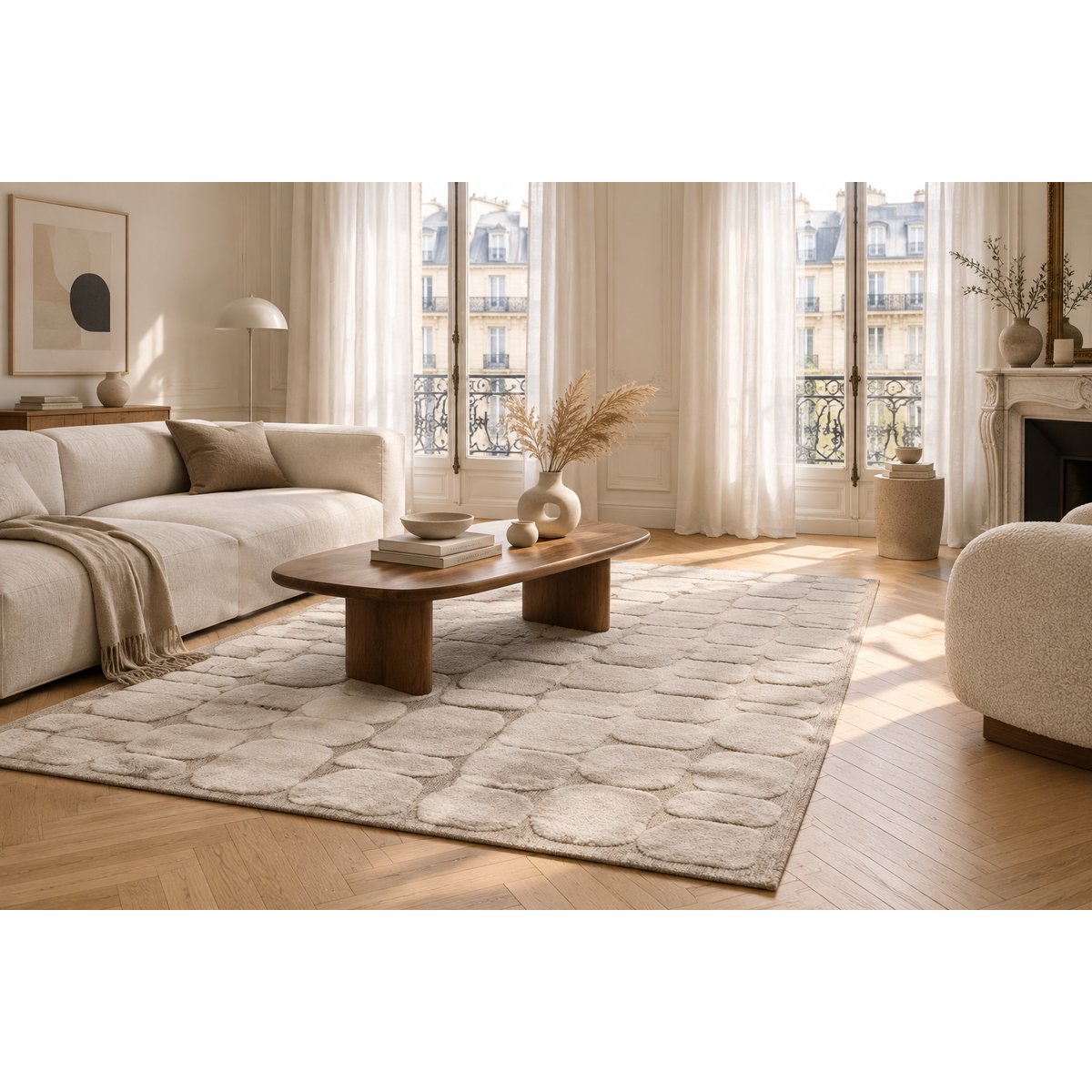 Tapis en relief style japandi GALET beige sable, AFK LIVING