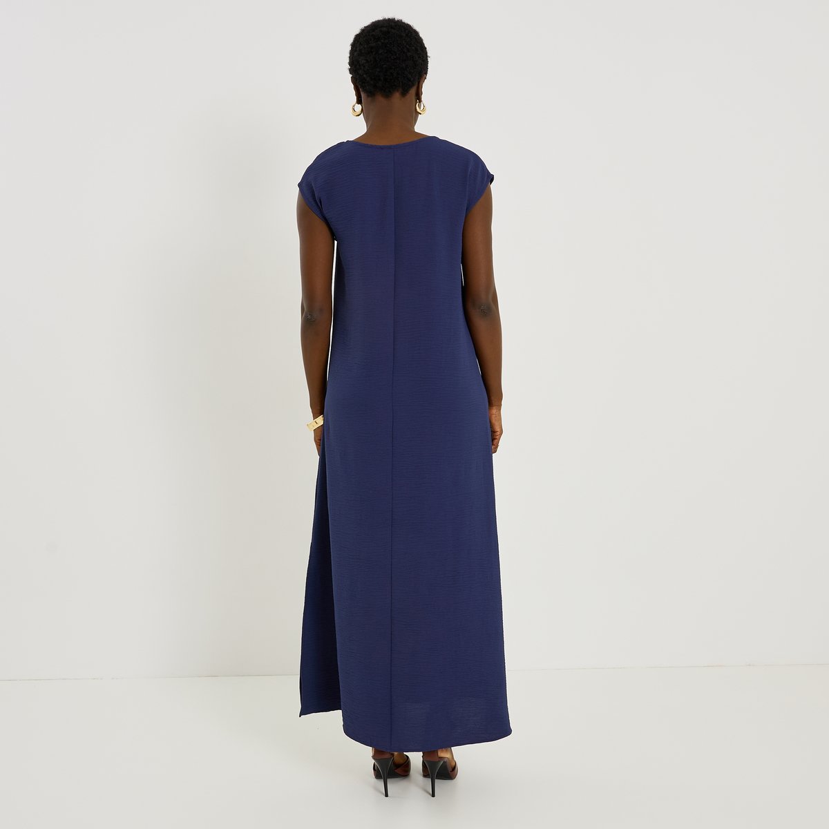 Robe longue habillée détail bijou bleu marine, GRAIN DE MALICE