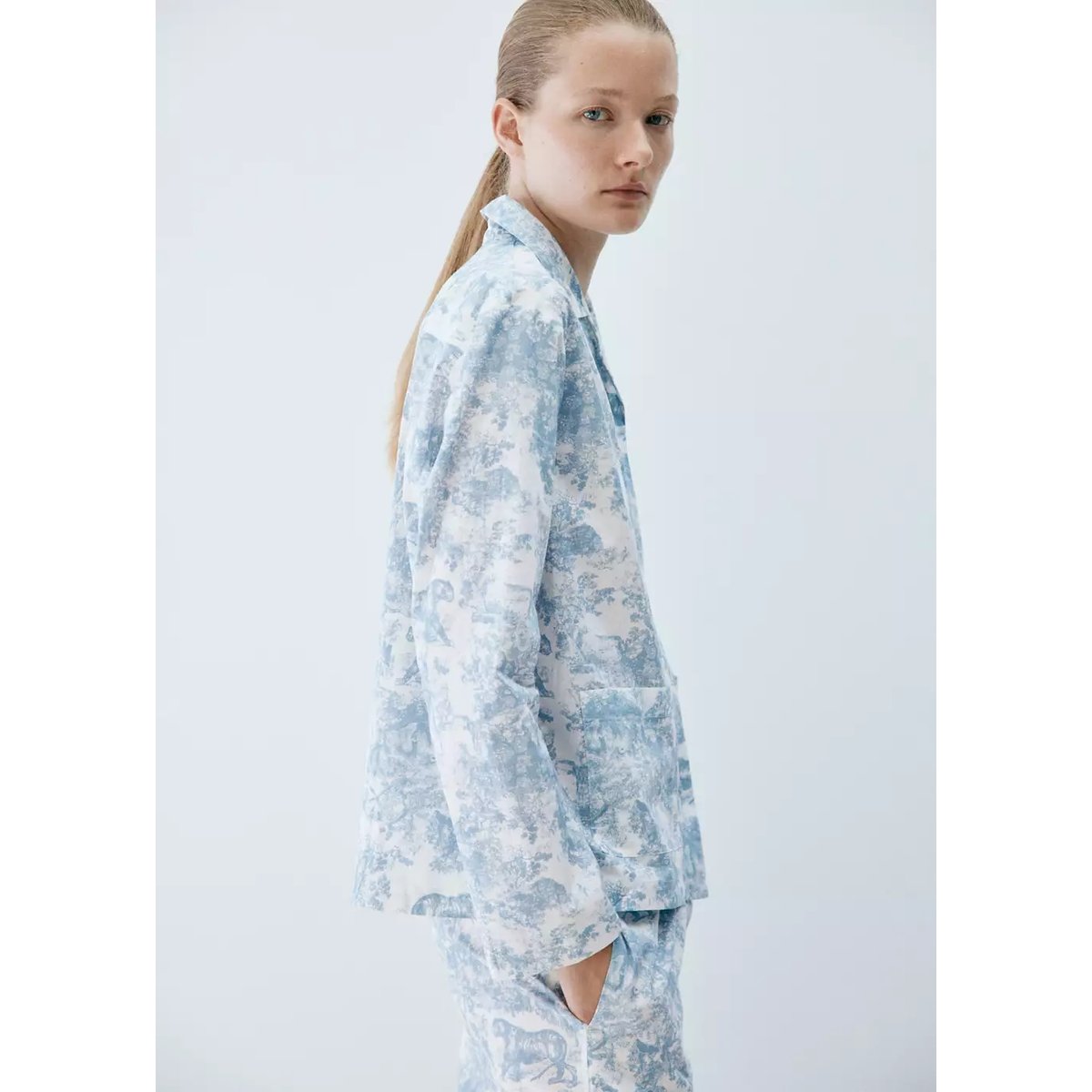Chemise coton imprimée bleu, MANGO