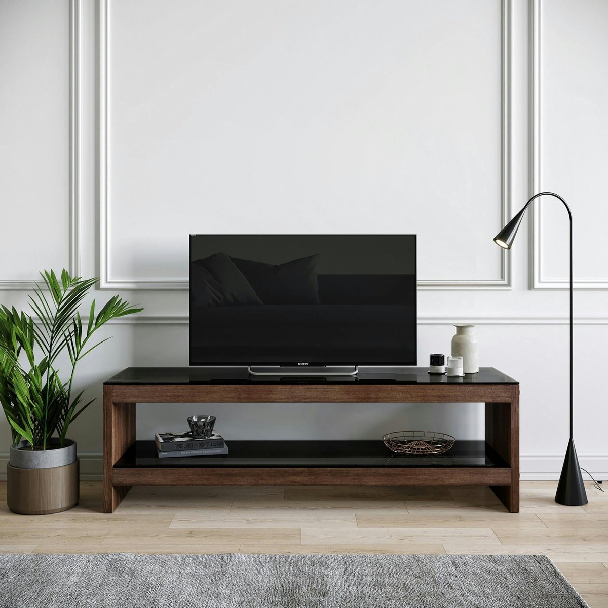 Meuble TV en bois brun et verre fumé - LHASA bois naturel, PIER IMPORT