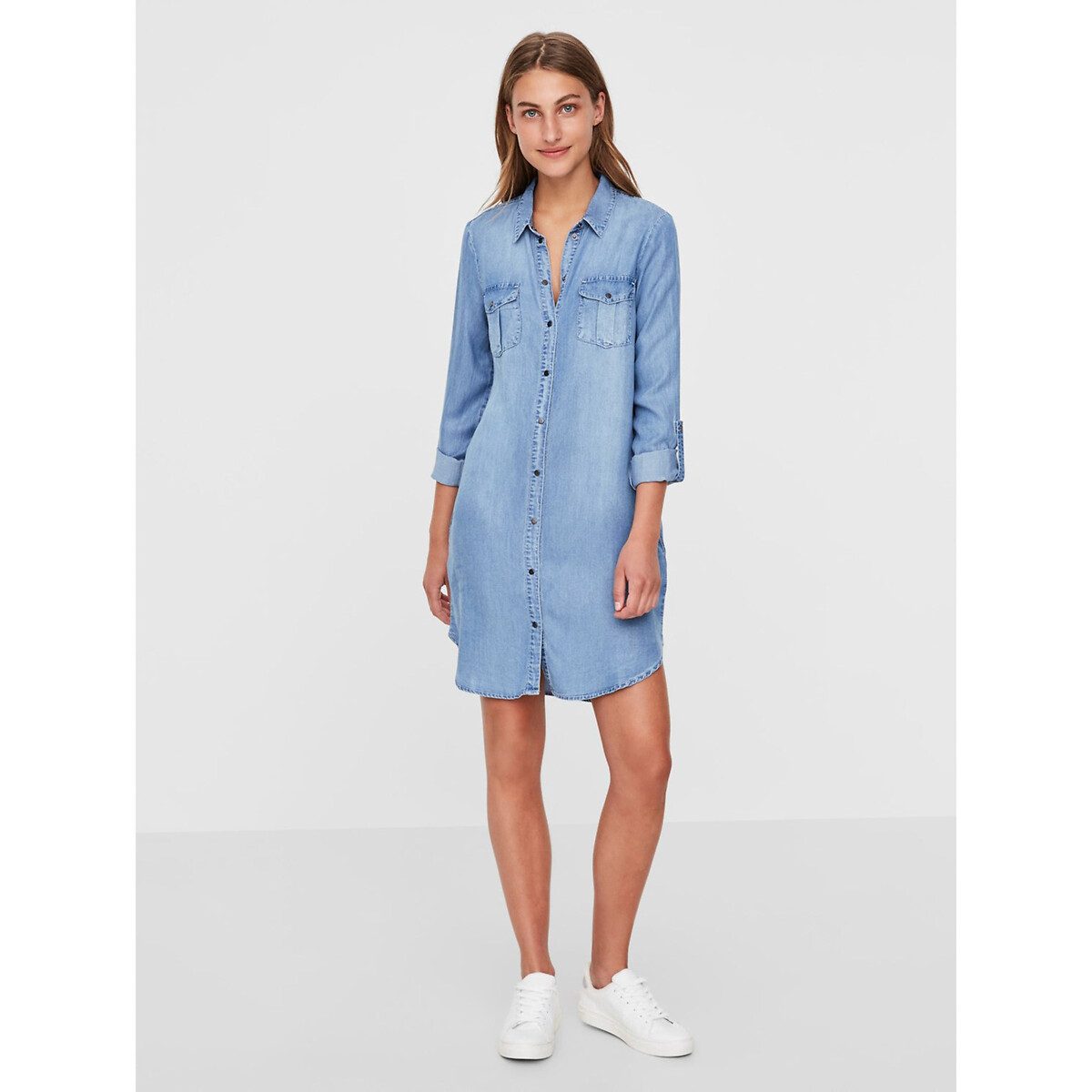Vestido estilo camisa, em ganga stone claro, VERO MODA