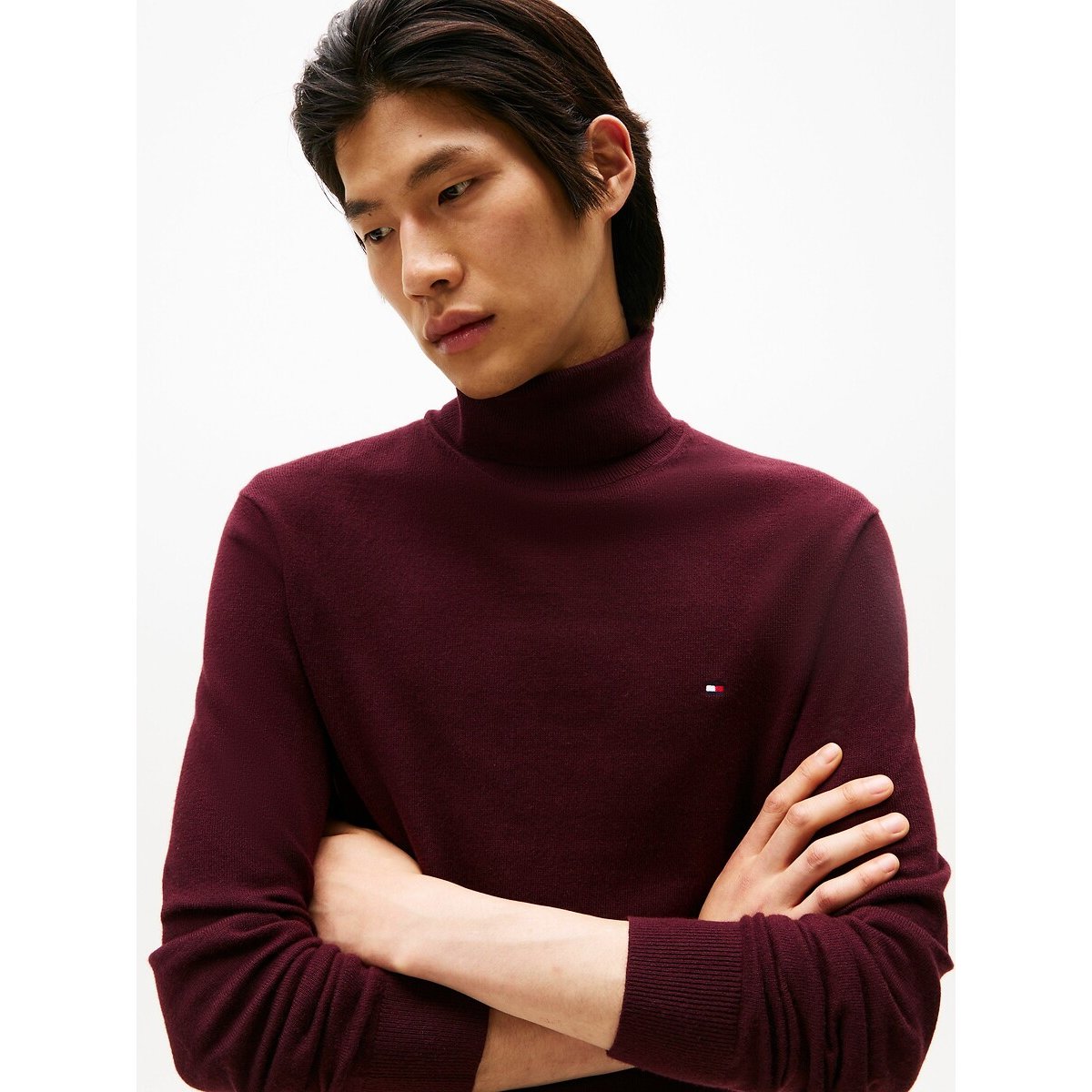 Camisola de gola alta em algodão pima e caxemira vermelho escuro, TOMMY HILFIGER