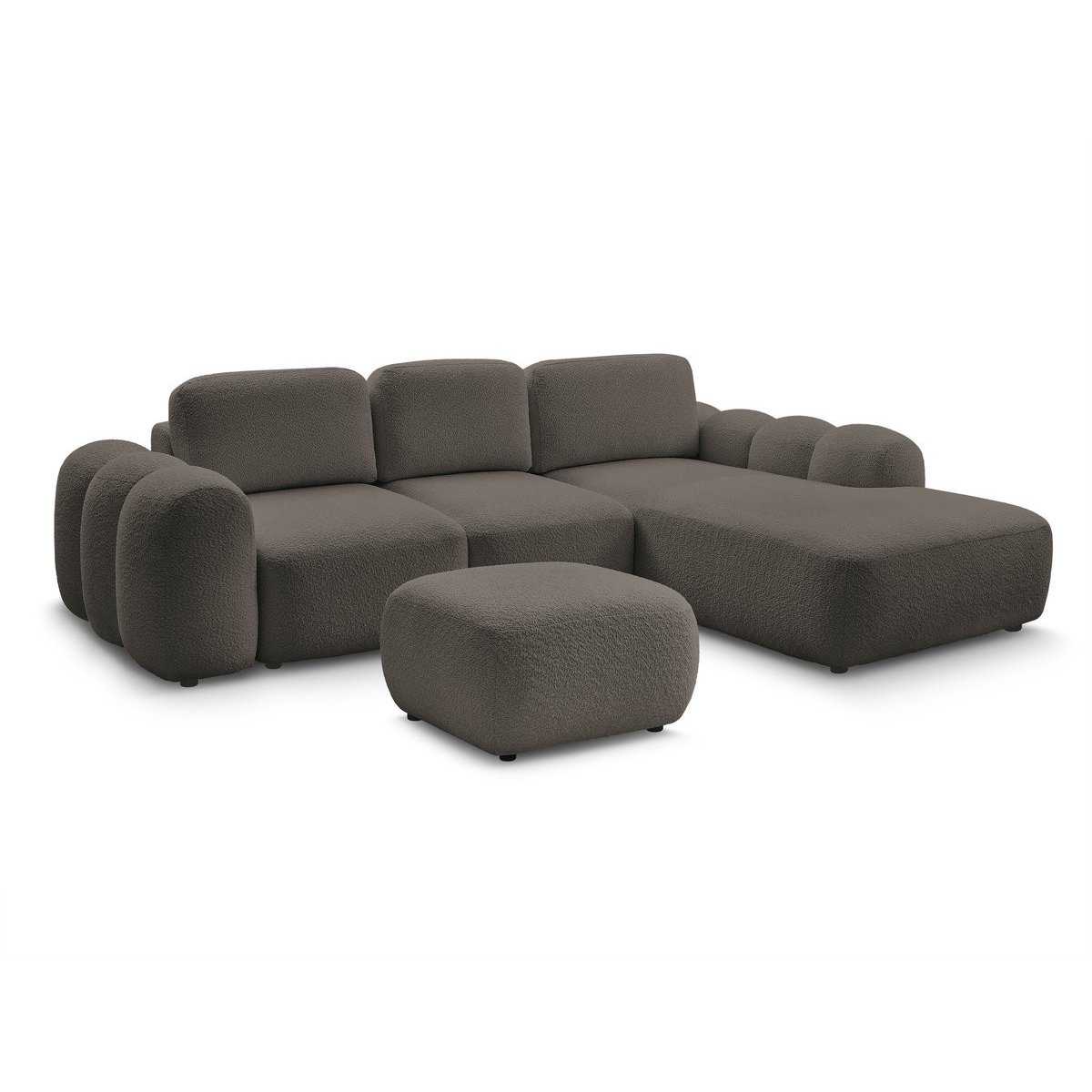 Canapé d'angle convertible 3 places en tissu bouclette avec pouf, MONTAIGNE marron, BOBOCHIC